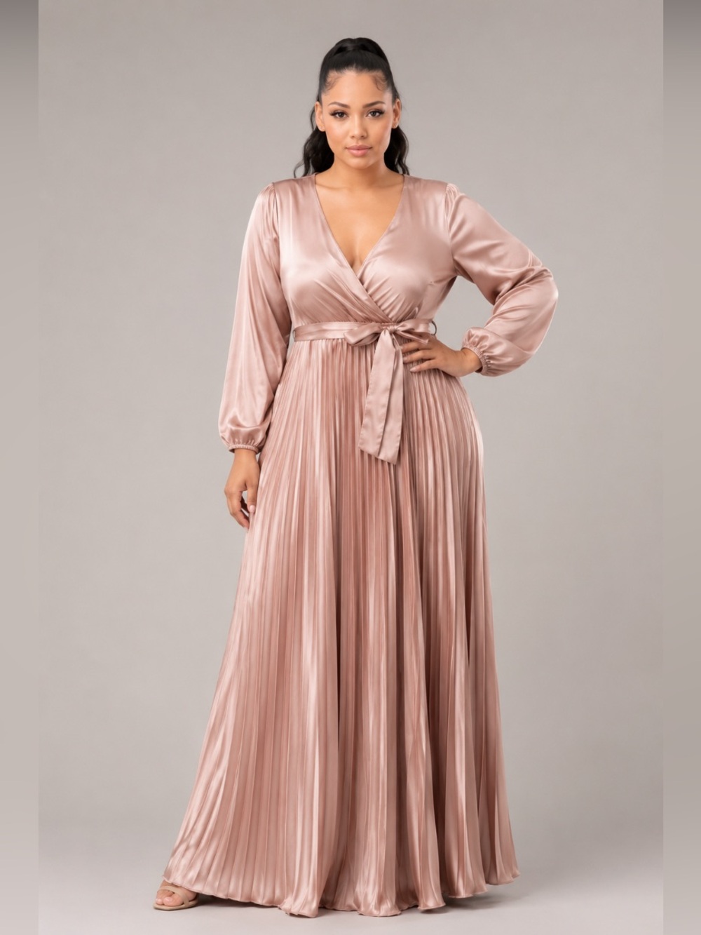 Aura •Rose Gold •Satin •Pleated•Maxi Dress •Balloon Sleeves • Tie Waist•Large